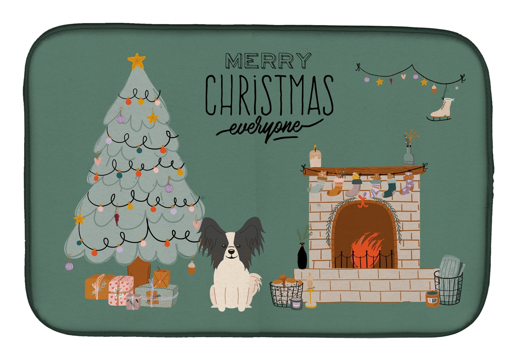 Black White Papillon Christmas Everyone Dish Drying Mat