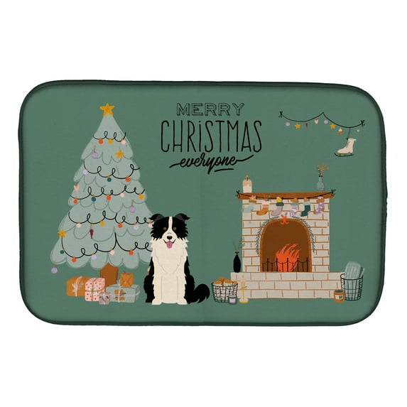 Black White Border Collie Christmas Everyone Dish Drying Mat