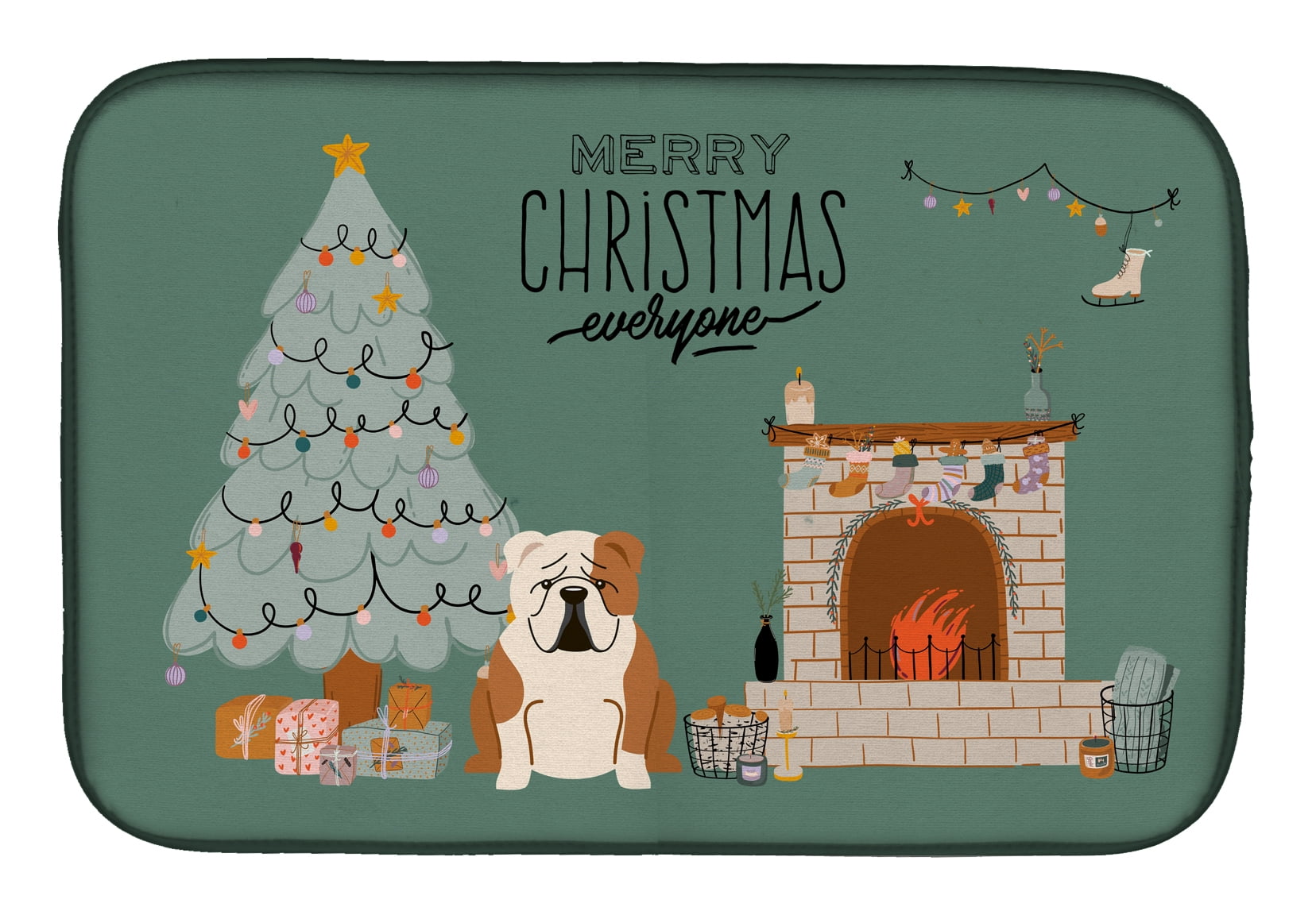 Fawn White English Bulldog Christmas Everyone Dish Drying Mat