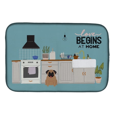 Brown Pug Kitchen Scene Dish Drying Mat
