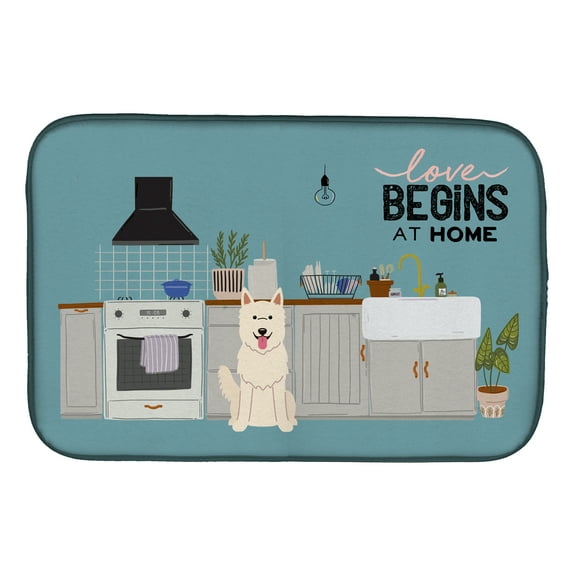 White German Shepherd Kitchen Scene Dish Drying Mat