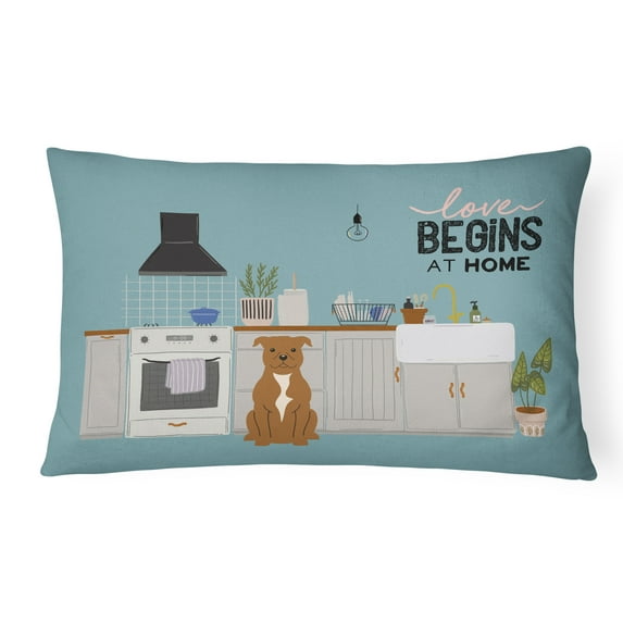 Carolines Treasures CK7751PW1216 Brown Staffordshire Bull Terrier Kitchen Scene Canvas Fabric Decorative Pillow 12H x16W