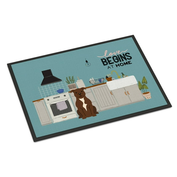 Chocolate Staffordshire Bull Terrier Kitchen Scene Indoor or Outdoor Mat 18x27 CK7752MAT