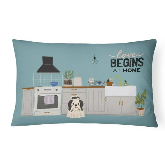 Carolines Treasures CK7792PW1216 Black White Shih Tzu Kitchen Scene Canvas Fabric Decorative Pillow 12H x16W multicolor
