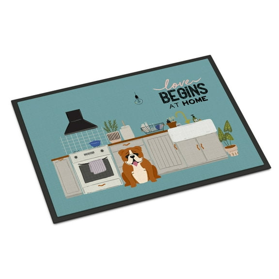 Red White English Bulldog Kitchen Scene Indoor or Outdoor Mat 18x27 CK7824MAT