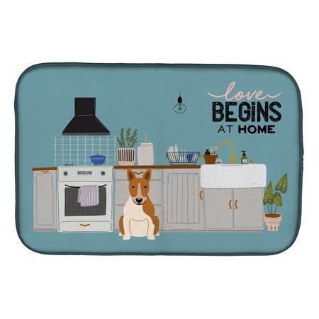 Red White Bull Terrier Kitchen Scene Dish Drying Mat