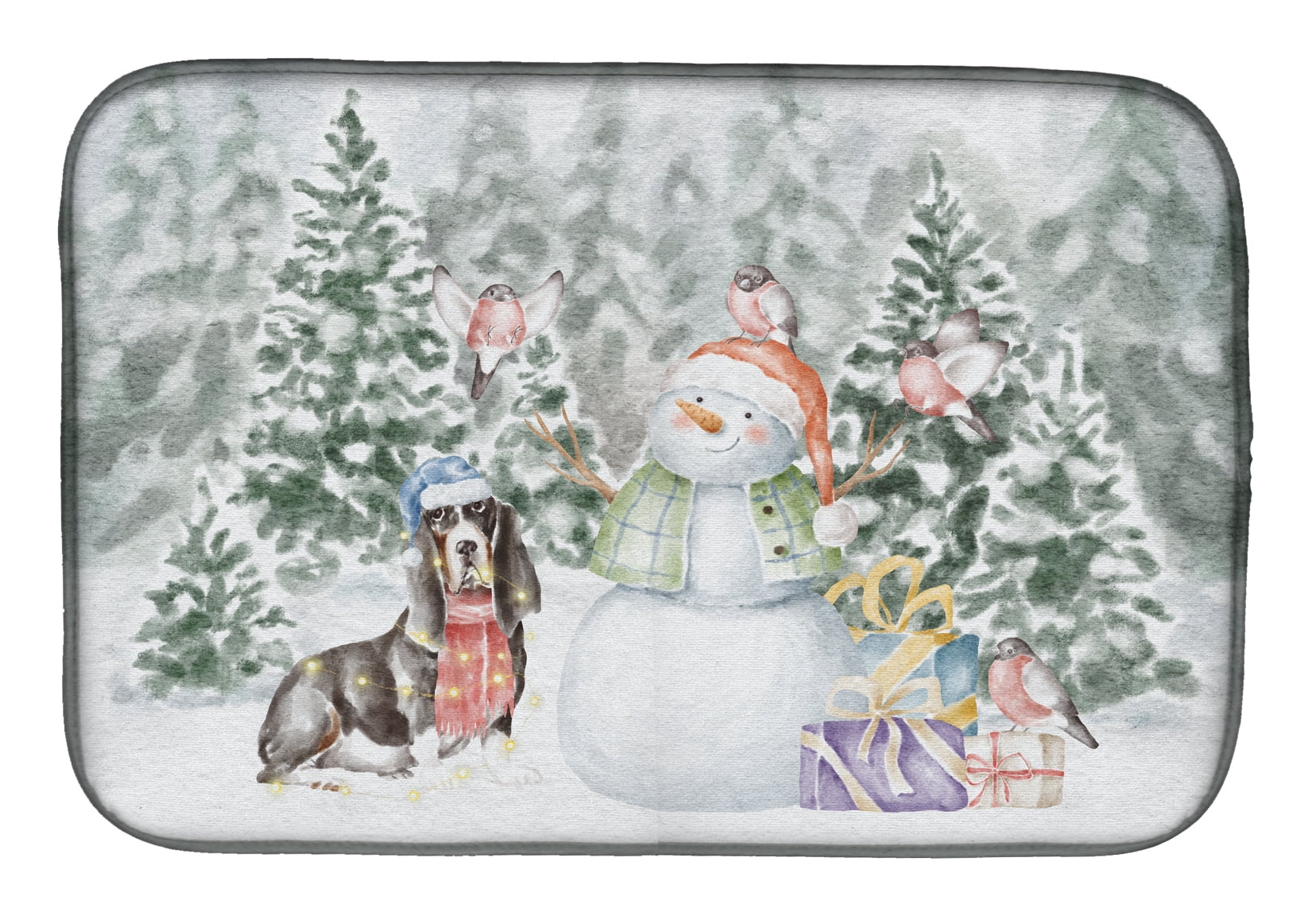 Basset Hound Black White and Tan with Christmas Presents Dish Drying Mat 14 in x 21 in