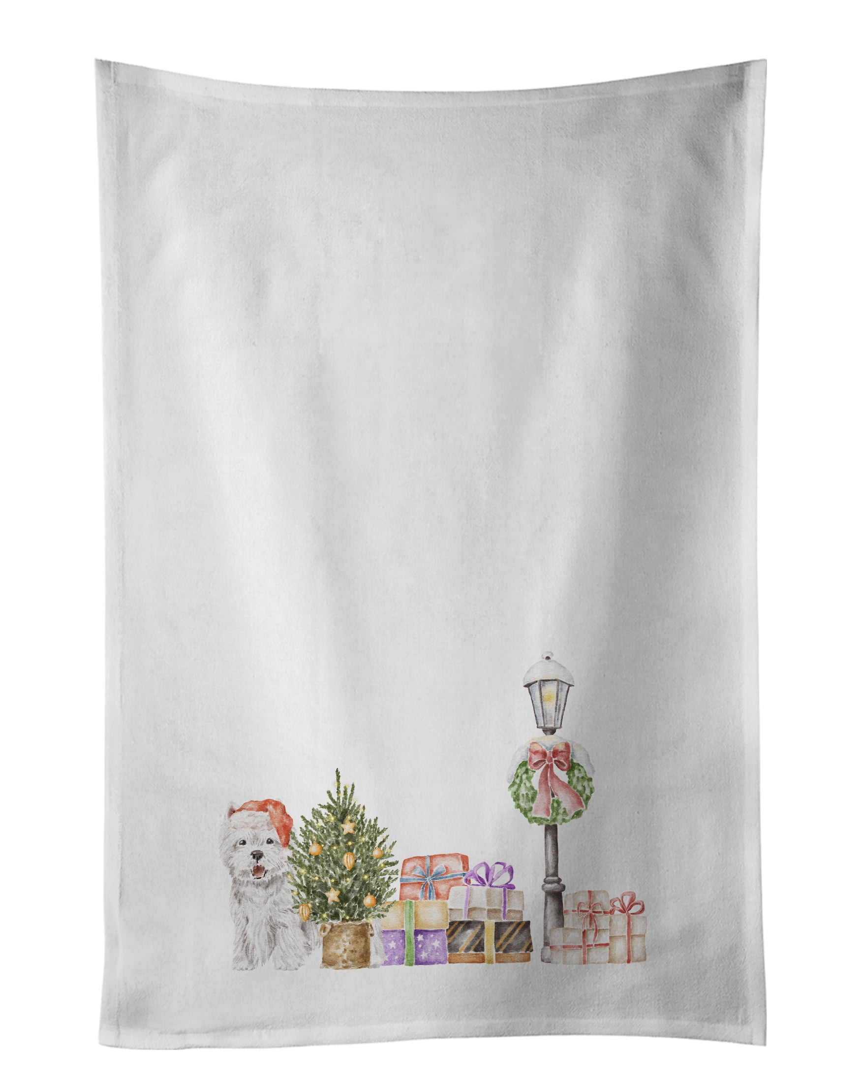 West Highland White Terrier Smiling with Christmas Wonderland White Kitchen Towel Set of 2 19 in x 28 in