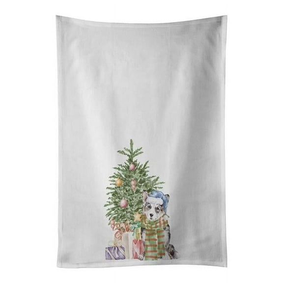 Carolines Treasures CK8187WTKT 28 x 19 in. Unisex Corgi Cardigan Blue Merle Christmas Presents & Tree White Dish Towels Kitchen Towel - Set of 2