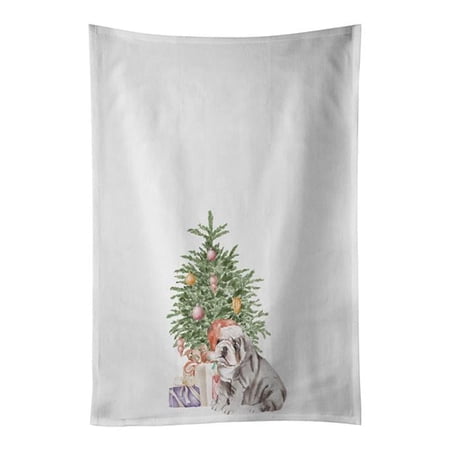 Carolines Treasures CK8215WTKT 28 x 19 in. Unisex English Bulldog Puppy No.2 Christmas Presents & Tree White Dish Towels Kitchen Towel - Set of 2