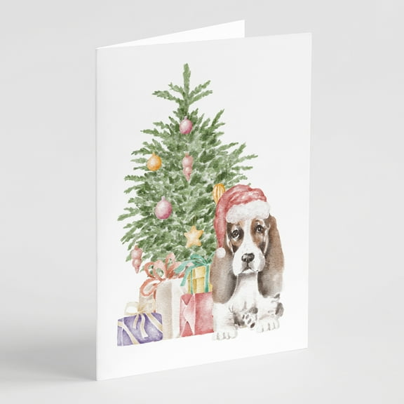Carolines Treasures CK8223GCA7P Basset Hound Puppy Design2 Christmas Presents and Tree Greeting Cards and Envelopes Pack