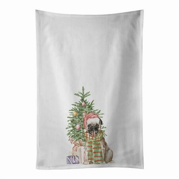 Carolines Treasures CK8233WTKT 28 x 19 in. Unisex Pug Fawn Christmas Presents & Tree White Dish Towels Kitchen Towel - Set of 2