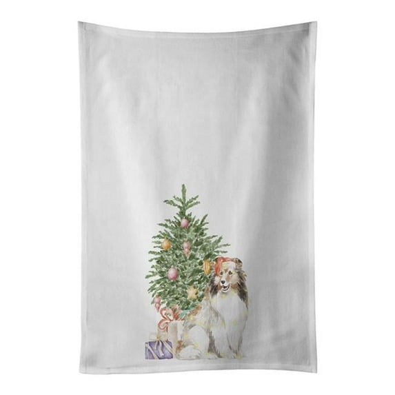 Carolines Treasures CK8247WTKT 28 x 19 in. Unisex Sheltie Christmas Presents & Tree White Dish Towels Kitchen Towel - Set of 2