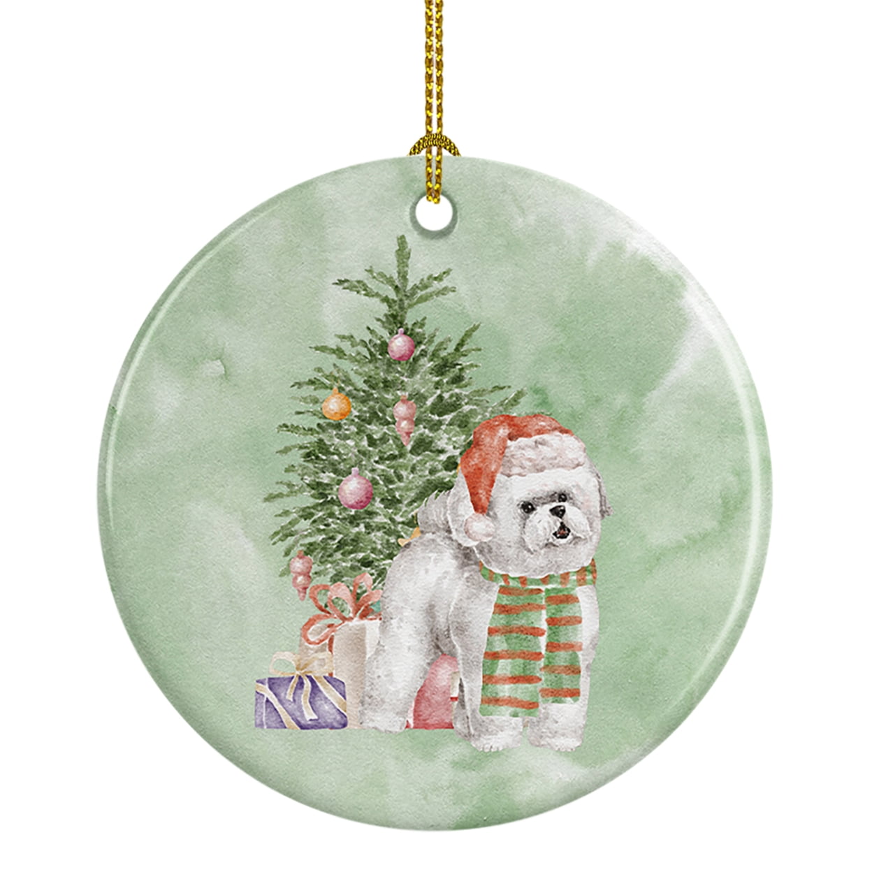 Christmas Bichon Frise Red Hat Ceramic Ornament 2.8 in x 2.8 in