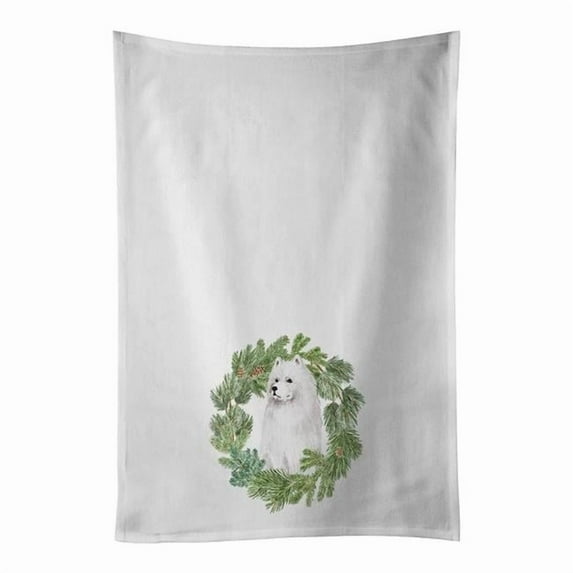 Carolines Treasures CK8824WTKT 28 x 19 in. Unisex Samoyed Sitting Christmas Wreath White Dish Towels Kitchen Towel - Set of 2