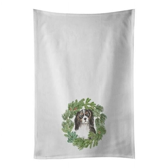Carolines Treasures CK8835WTKT 28 x 19 in. Unisex Cavalier Spaniel Tricolor Head Tilt Christmas Wreath White Dish Towels Kitchen Towel - Set of 2