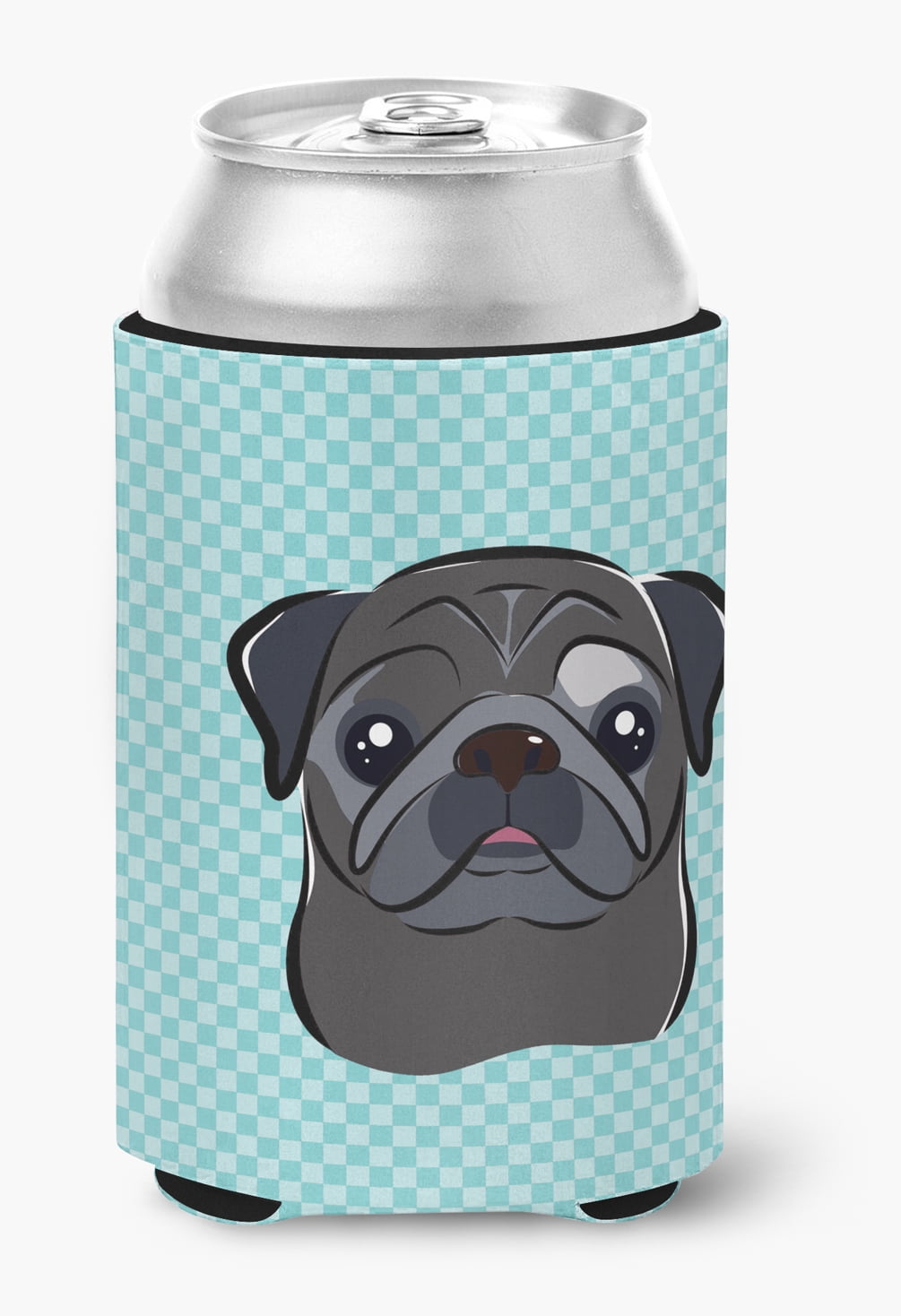Carolines Treasures Checkerboard Blue Black Pug Can or Bottle Hugger Can Hugger multicolor