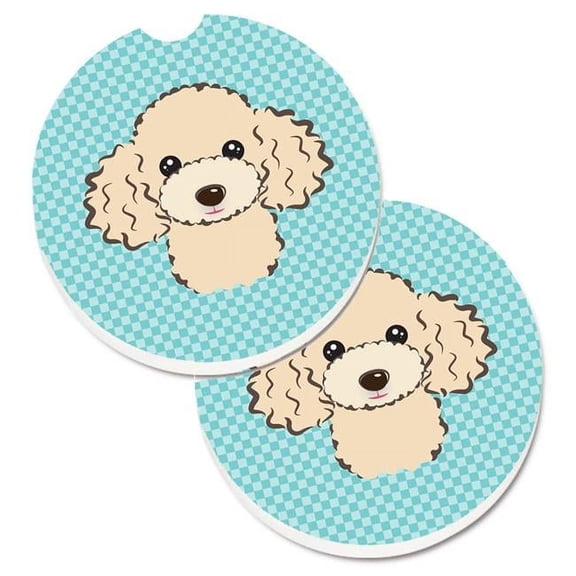 Carolines Treasures Checkerboard Blue Buff Poodle Set of 2 Cup Holder Car Coaster - Blue