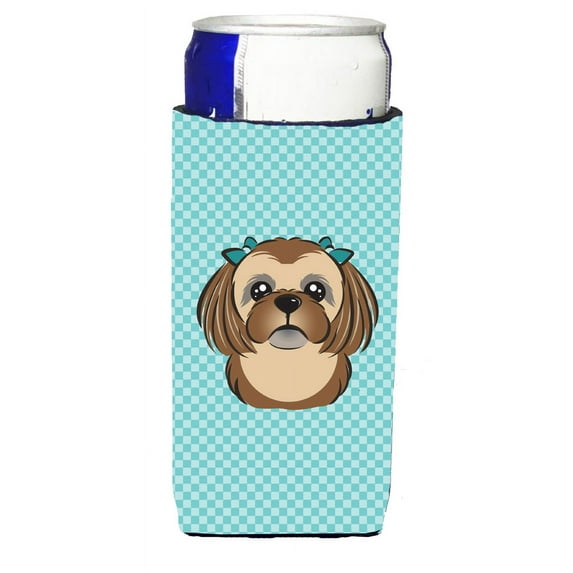 Carolines Treasures Checkerboard Blue Chocolate Brown Shih Tzu Ultra Beverage Insulators for slim cans Slim Can