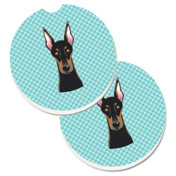 Carolines Treasures Checkerboard Blue Doberman Set of 2 Cup Holder Car Coaster - Blue