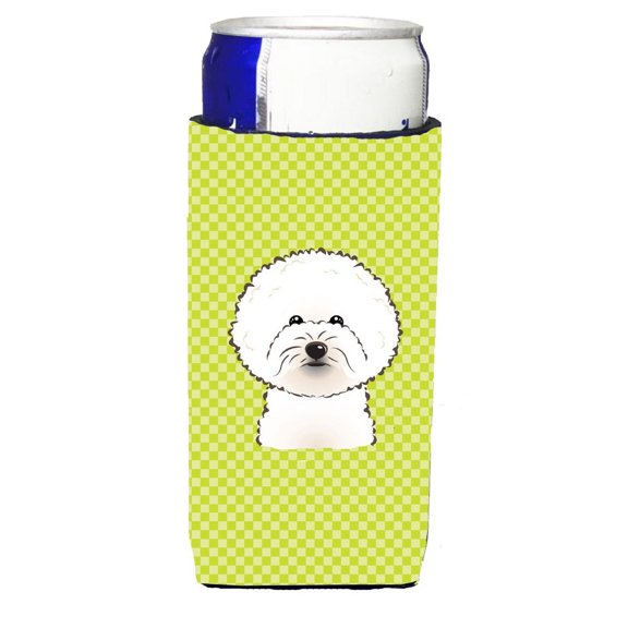 Carolines Treasures Checkerboard Lime Green Bichon Frise Beverage Insulators for slim cans Slim Can multicolor