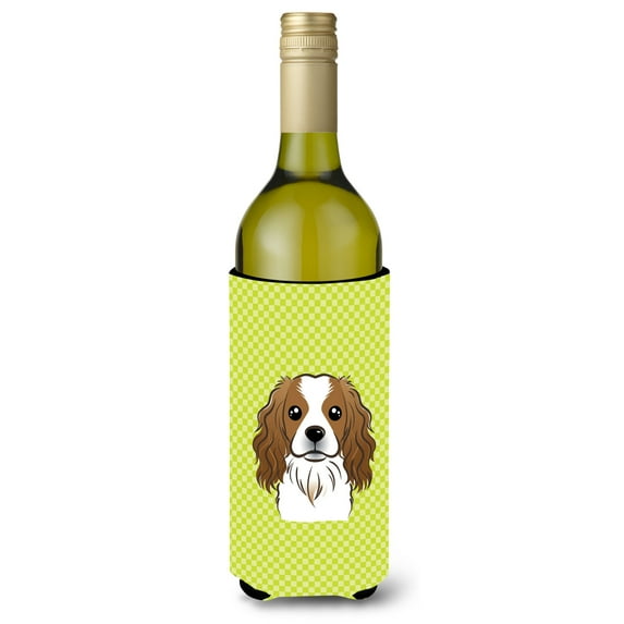 Carolines Treasures Checkerboard Lime Green Cavalier Spaniel Wine Bottle Beverage Insulator Hugger Wine Bottle