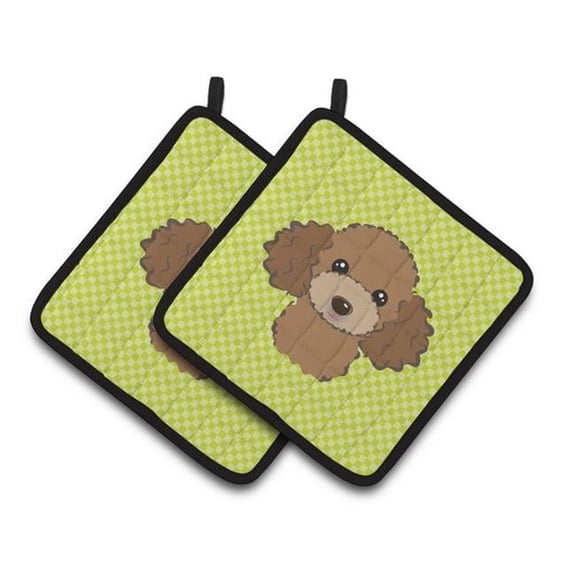 Carolines Treasures Checkerboard Lime Green Chocolate Brown Poodle Pair of Pot Holders