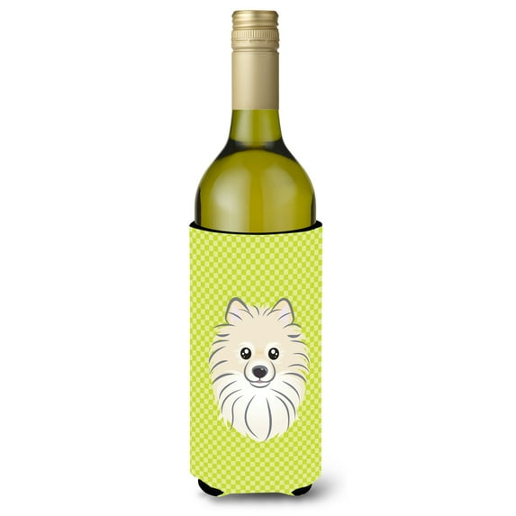 Carolines Treasures Checkerboard Lime Green Pomeranian Wine Bottle Beverage Insulator Hugger Wine Bottle multicolor