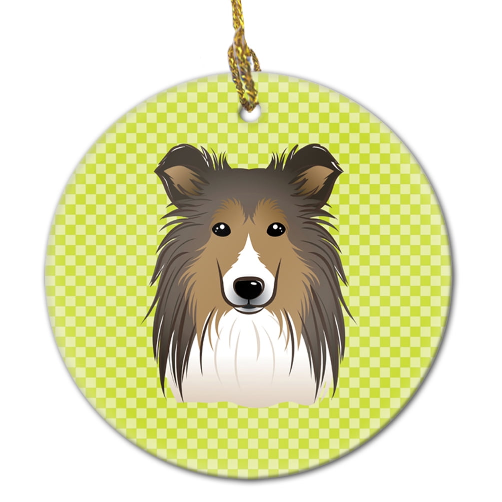 Carolines Treasures Checkerboard Lime Green Sheltie Ceramic Ornament 3 in multicolor