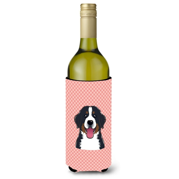 Carolines Treasures Checkerboard Pink Bernese Mountain Dog Wine Bottle Beverage Insulator Hugger Wine Bottle multicolor