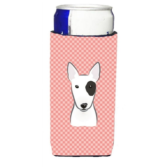 Carolines Treasures Checkerboard Pink Bull Terrier Ultra Beverage Insulators for slim cans Slim Can multicolor