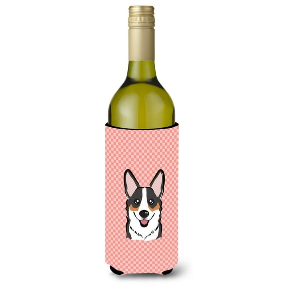Carolines Treasures Checkerboard Pink Corgi Wine Bottle Beverage Insulator Hugger Wine Bottle multicolor
