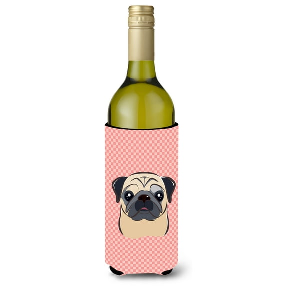 Carolines Treasures Checkerboard Pink Fawn Pug Wine Bottle Beverage Insulator Hugger Wine Bottle multicolor