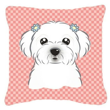 Carolines Treasures Checkerboard Pink Maltese Canvas Fabric Decorative Pillow 14Hx14W multicolor