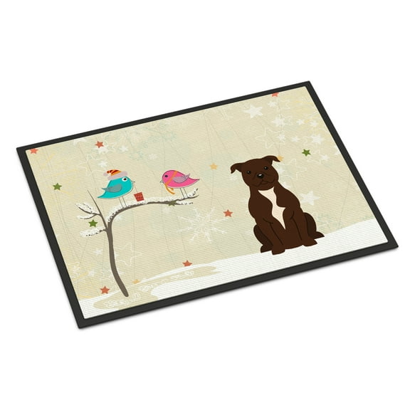 Carolines Treasures BB2520MAT Christmas Presents Between Friends Staffordshire Bull Terrier Chocolate Indoor or Outdoor Mat, 18 x 0.25 x 27 in.