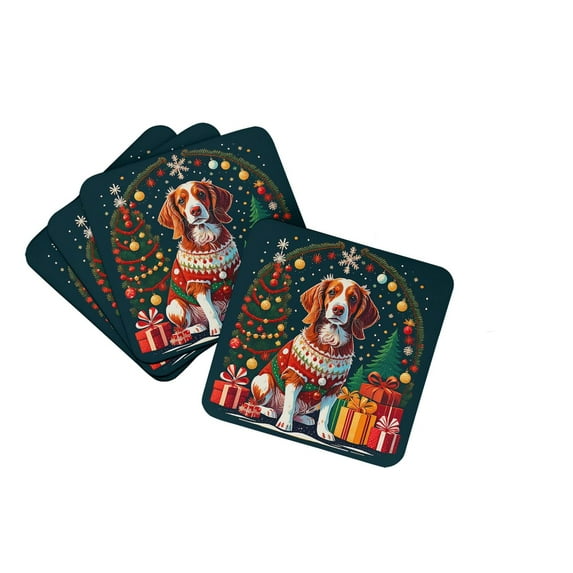 Brittany Spaniel Christmas Foam Coaster Set of 4 3.5 in x 3.5 in