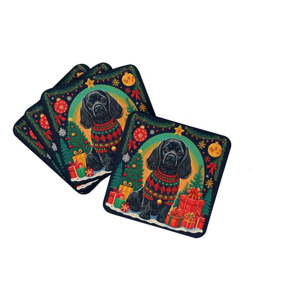 Black Cocker Spaniel Christmas Foam Coaster Set of 4 3.5 in x 3.5 in