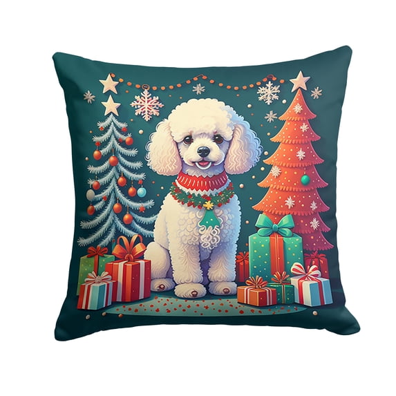 White Toy Poodle Christmas Fabric Decorative Pillow 14 in x 14 in