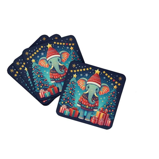 Elephant Christmas Foam Coaster Set of 4 3.5 in x 3.5 in