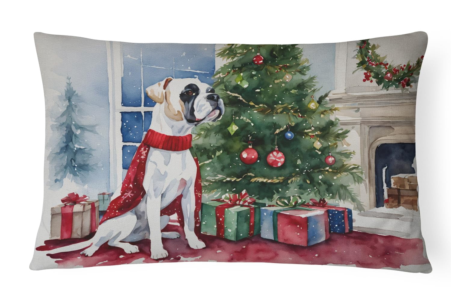Carolines Treasures DAC1282PW1216 16 x 12 in. Unisex White Boxer Christmas Fabric Decorative Pillow