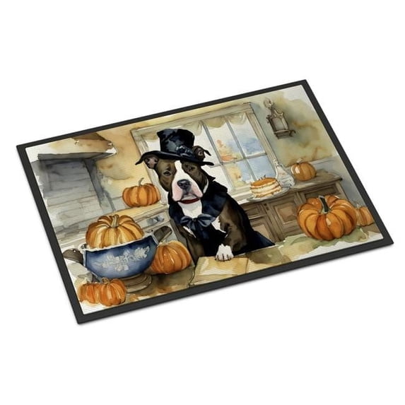 Carolines Treasures DAC1727MAT 18 x 27 in. Unisex Pit Bull Terrier Fall Kitchen Pumpkins Doormat