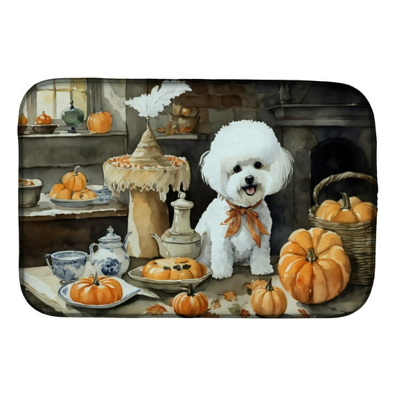Bichon Frise Fall Kitchen Pumpkins Dish Drying Mat 14 in x 21 in