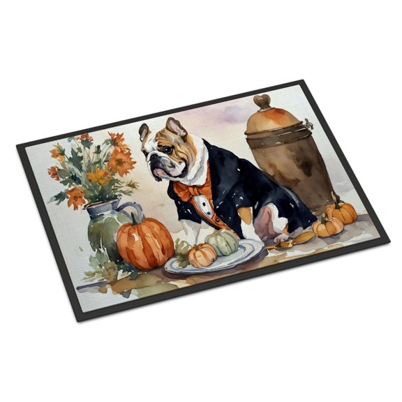 Caroline's Treasures DAC1757MAT English Bulldog Fall Kitchen Pumpkins Doormat 18x27 Front Door Mat Indoor Outdoor Rugs for Entryway, Non Slip Washable Low Pile, 18H X 27W