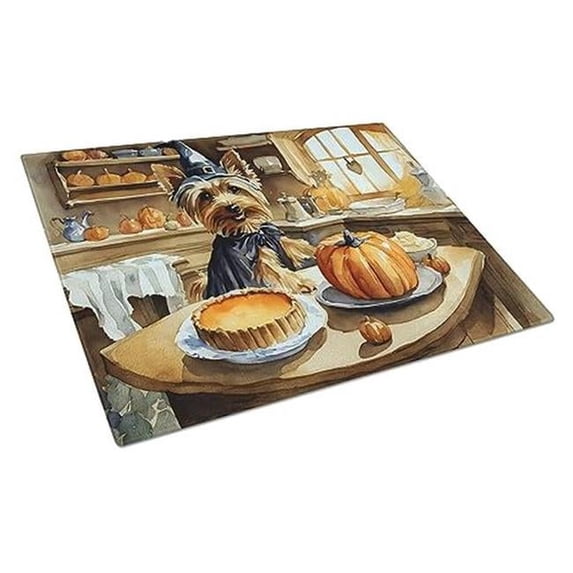 Carolines Treasures DAC1818LCB 15 x 12 in. Unisex Silky Terrier Fall Kitchen Pumpkins Glass Cutting Board - Large