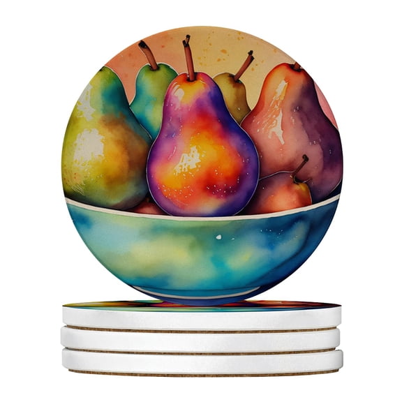 Caroline's Treasures Colorful Pears Large Sandstone Coasters Pack of 4 Absorbent Round Coasters Decor Gifts for Men or Women, 4 in, Multicolor