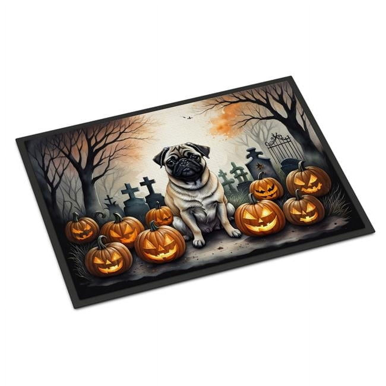 Fawn Pug Halloween Doormat with Pumpkins and Tombstones