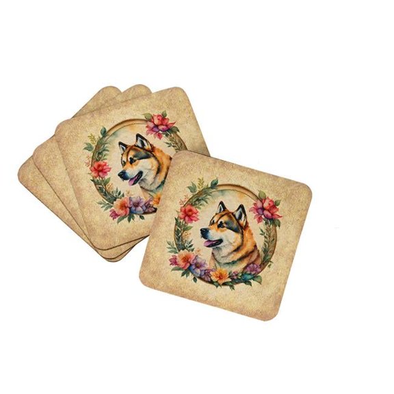 Akita and Flowers Foam Coaster Set of 4 3.5 in x 3.5 in