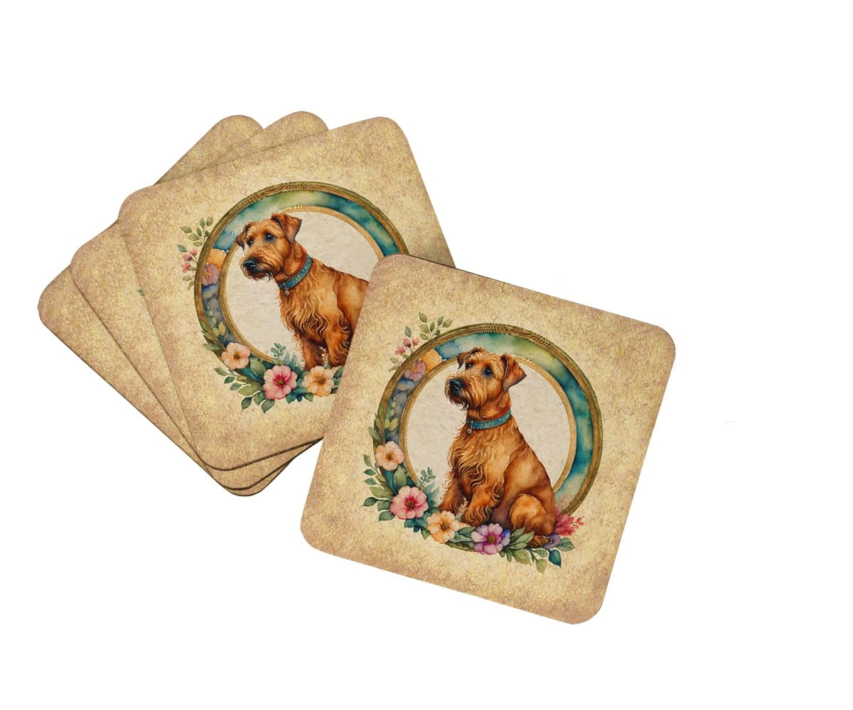 Irish Terrier and Flowers Foam Coaster Set of 4 3.5 in x 3.5 in