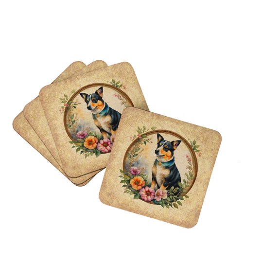Lancashire Heeler and Flowers Foam Coaster Set of 4 3.5 in x 3.5 in