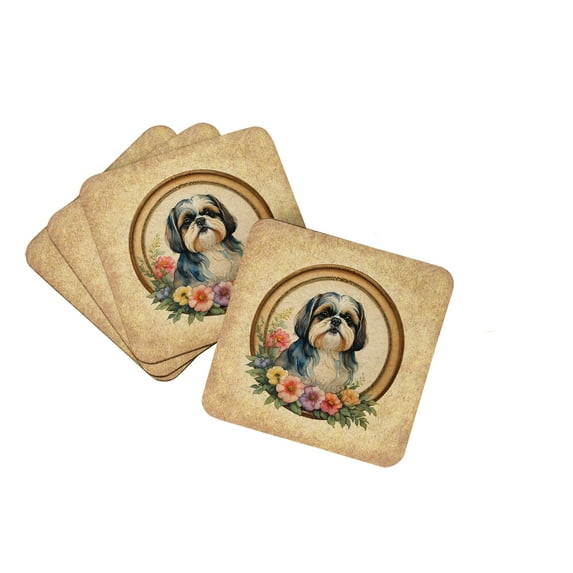 Shih Tzu and Flowers Foam Coaster Set of 4 3.5 in x 3.5 in